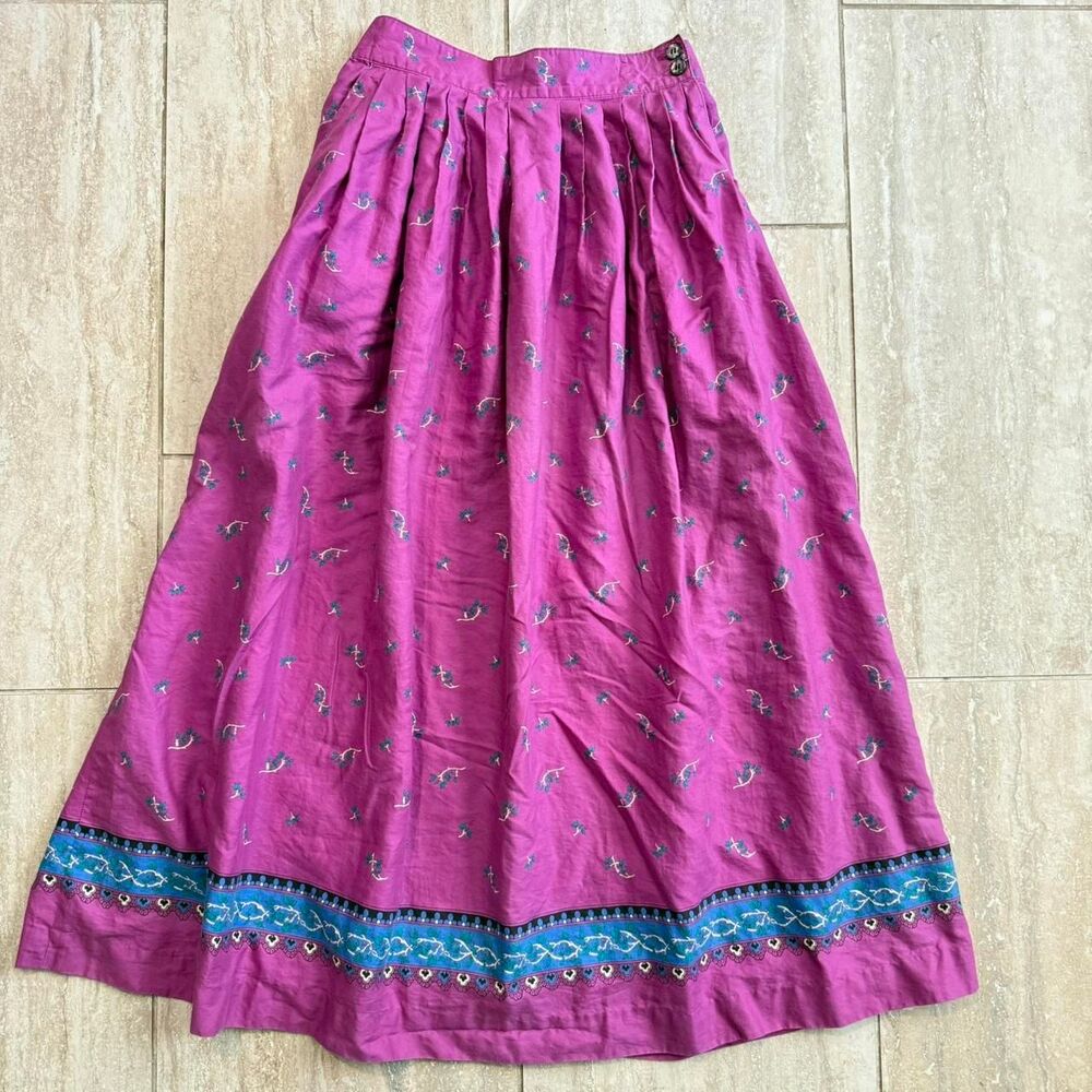 VTG Boho Pleated Maxi midi Skirt Purple Floral Folk cottage prairie modest Sz 6